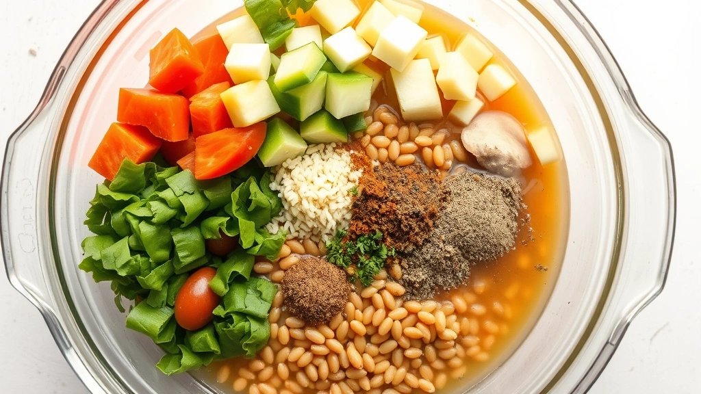 Flat lay of prepared vegetarian slow cooker ingredients: cut vegetables, dried lentils, herbs, spices, and broth in glass bowl before cooking