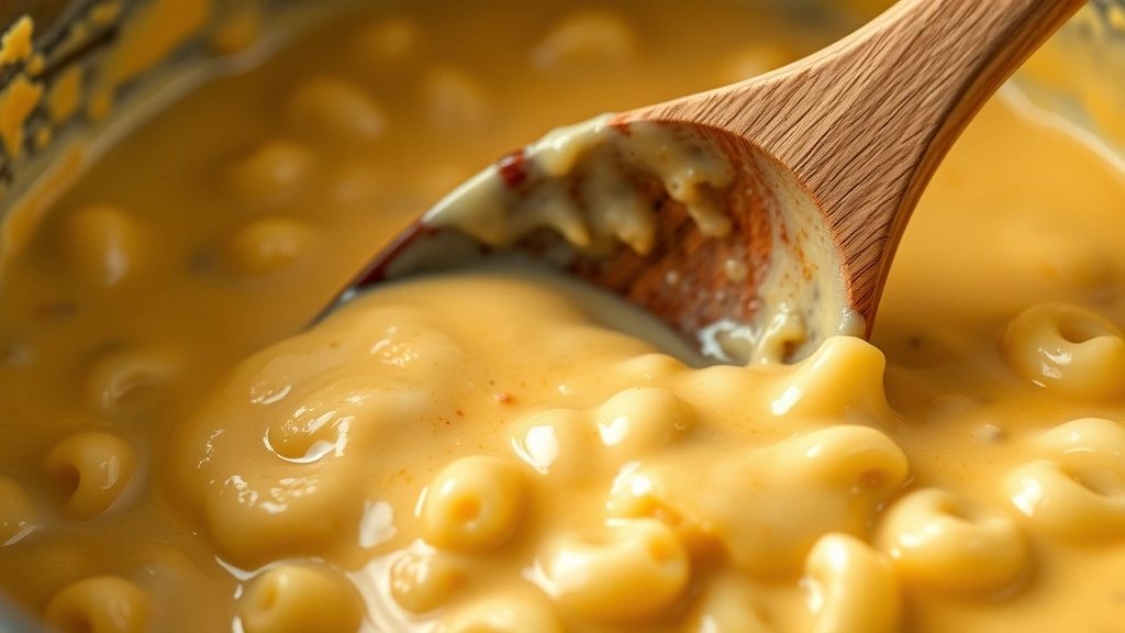 Close-up of creamy, smooth mac and cheese sauce being stirred in a saucepan with a wooden spoon, showing rich golden color and glossy texture with melted cheese coating the spoon