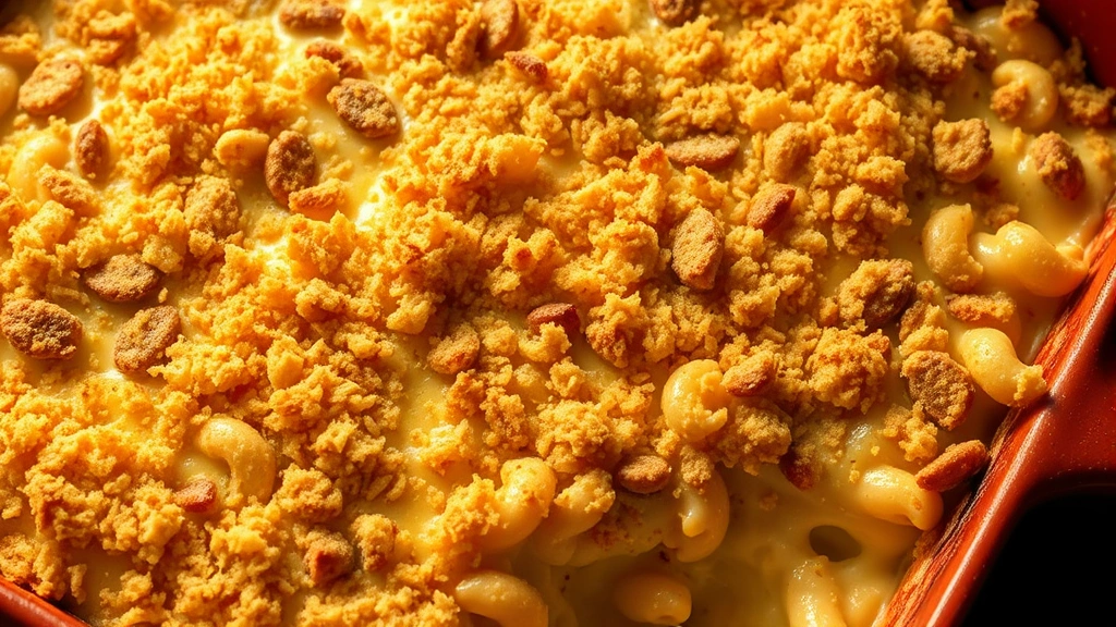Overhead shot of a baking dish filled with golden-topped baked mac and cheese with crispy breadcrumb topping, steam rising, warm lighting emphasizing the creamy interior visible at the edge