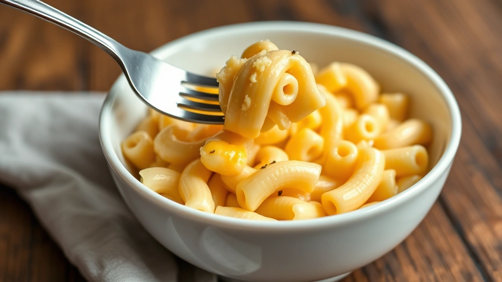 Bowl of finished mac and cheese with fork twirled around pasta, showing creamy sauce clinging to each piece, garnished with fresh black pepper, soft natural lighting on white ceramic bowl