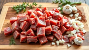 Raw venison meat cubes with fresh bacon strips and diced onions arranged on a wooden cutting board with fresh garlic and spices nearby, professional food photography, natural lighting