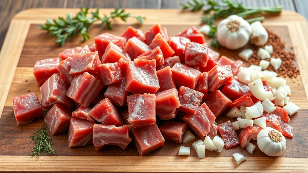 Raw venison meat cubes with fresh bacon strips and diced onions arranged on a wooden cutting board with fresh garlic and spices nearby, professional food photography, natural lighting