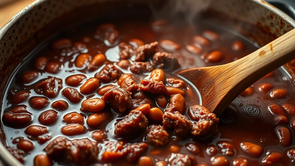 Simmering pot of rich burgundy venison chili with visible meat chunks and beans, steam rising, wooden spoon stirring, warm ambient kitchen lighting, close-up detail shot