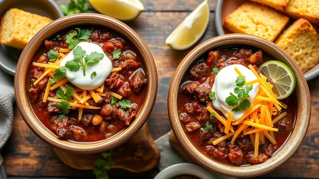 Finished venison chili served in rustic ceramic bowls topped with shredded cheddar cheese, fresh cilantro, sour cream, and lime wedges, garnished cornbread on the side, styled tabletop setting