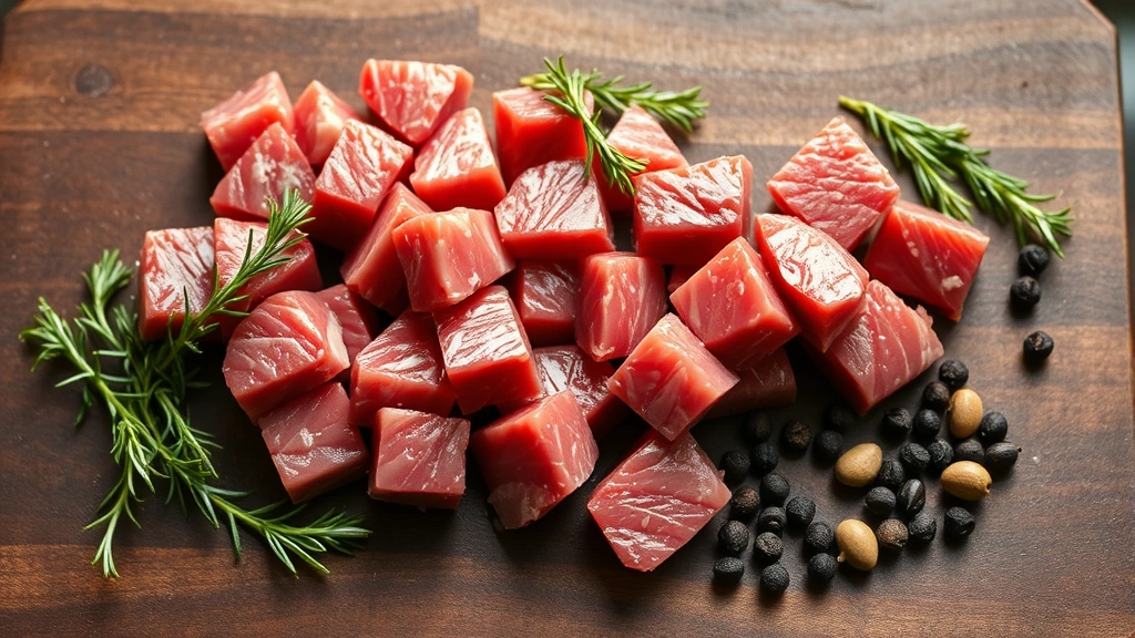 Overhead shot of raw venison cubes glistening with moisture on a dark wooden cutting board, surrounded by fresh rosemary sprigs, bay leaves, and whole black peppercorns, natural window lighting