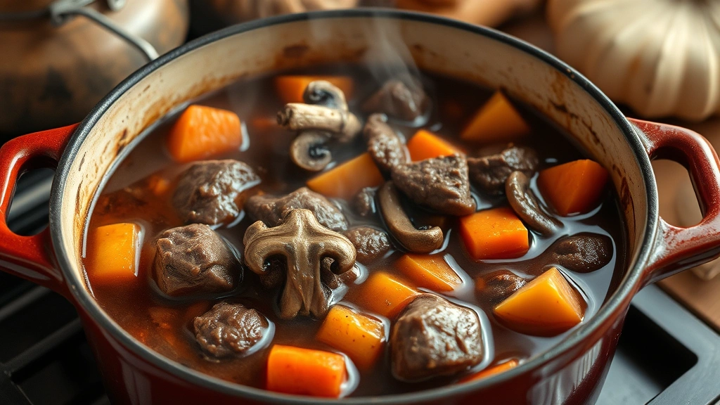 Rustic Dutch oven filled with rich, dark venison stew showing tender meat cubes, carrots, potatoes and mushrooms in glossy brown broth, steam rising, warm ambient kitchen lighting