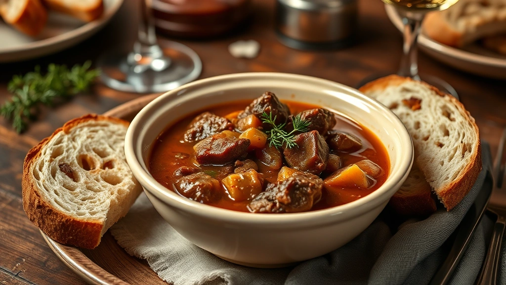 Finished bowl of venison stew served in cream-colored ceramic bowl with crusty bread beside it, fresh thyme garnish on top, cozy dining table setting with wine glass in background