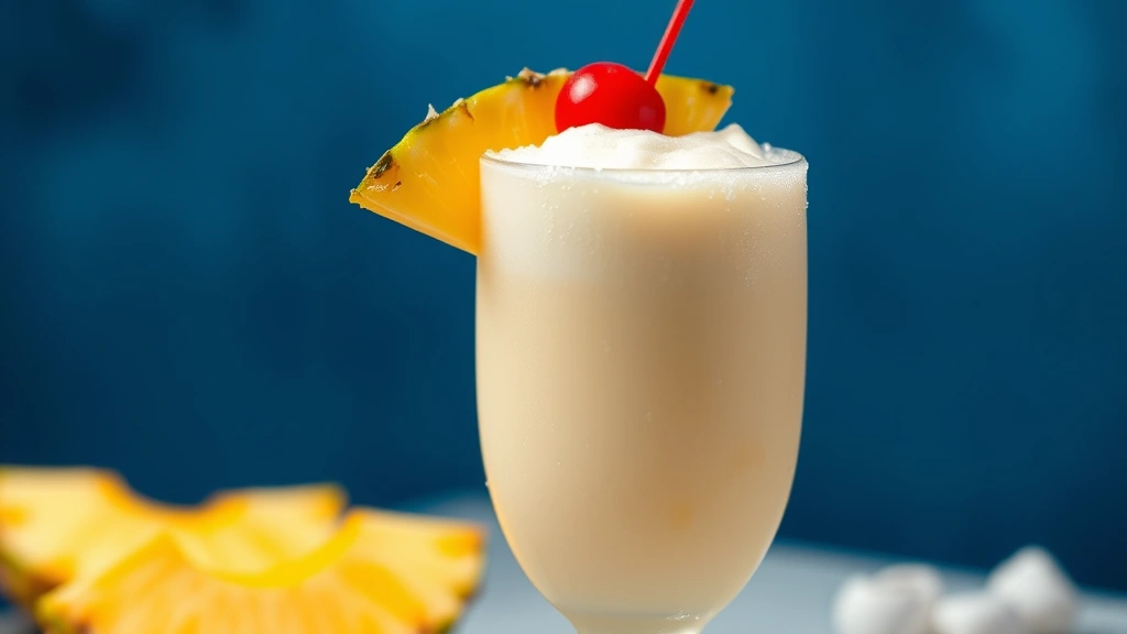 Frosted hurricane glass filled with creamy white virgin piña colada topped with fresh pineapple wedge and cherry, vibrant tropical drink with condensation on glass