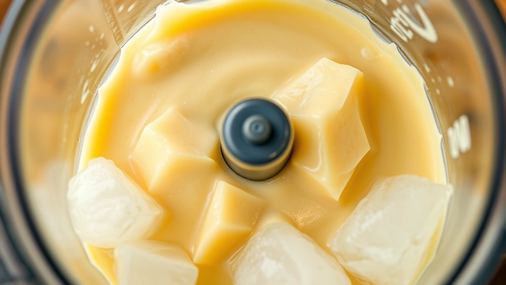 Close-up of blender containing thick creamy pineapple mixture with crushed ice being blended, showing smooth texture and tropical beverage preparation