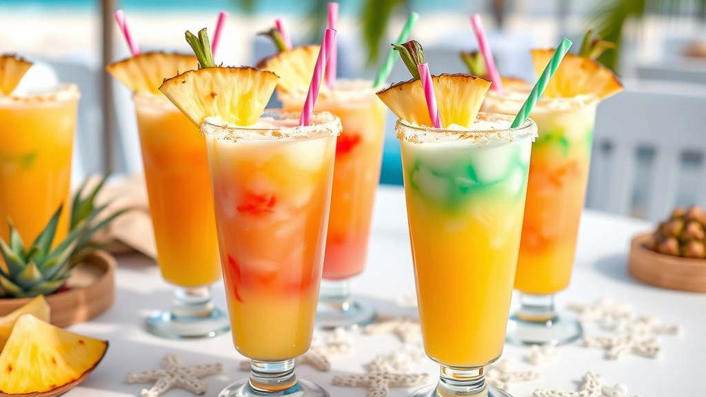 Multiple colorful virgin piña coladas in glasses with fresh pineapple garnish, toasted coconut rim, and tropical straws on a beach-themed table setting