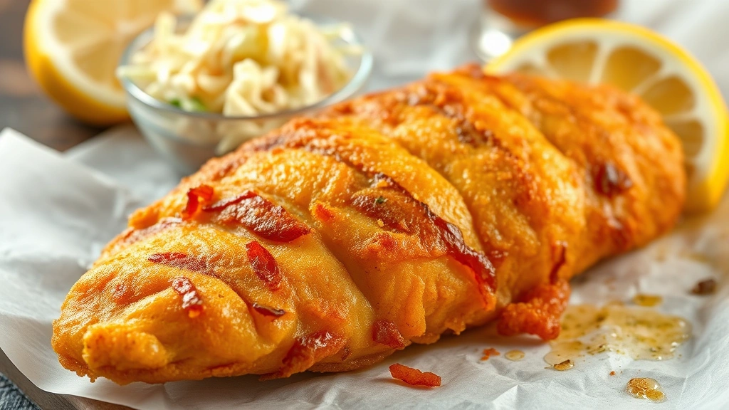 Crispy beer-battered walleye fillet on white paper with golden exterior, served with coleslaw and lemon wedge in background