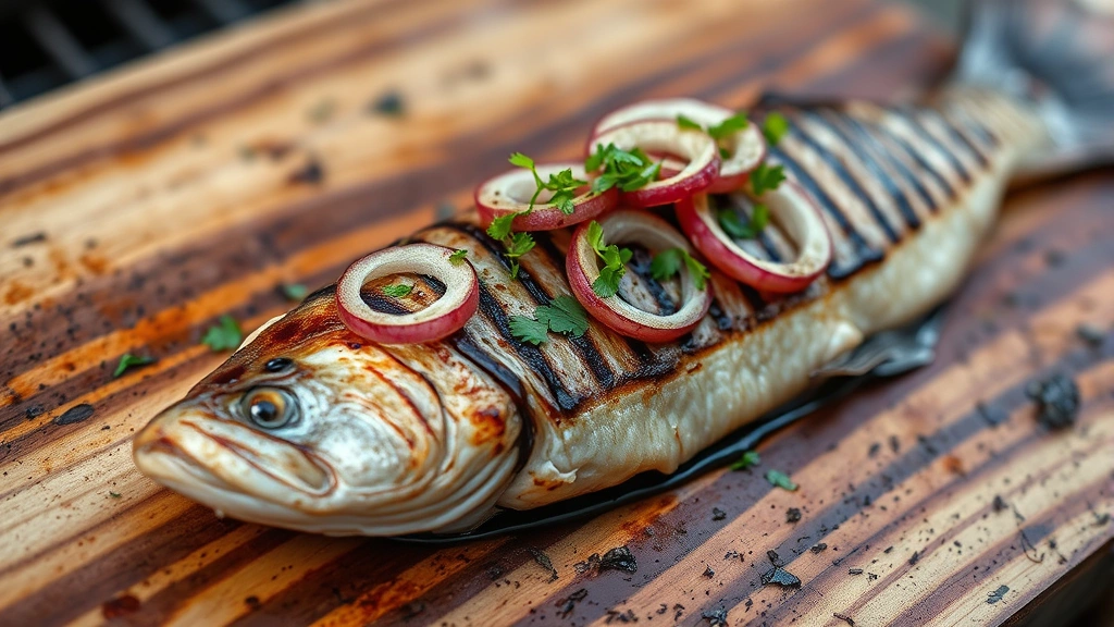 Grilled walleye fillet on cedar plank with charred marks, topped with pickled onions and fresh herbs, smoke wisping from grill