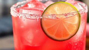 Close-up of vibrant pink watermelon margarita in a rocks glass with Tajín rim, fresh lime wheel garnish, and large clear ice cubes, condensation on glass, summer daylight background