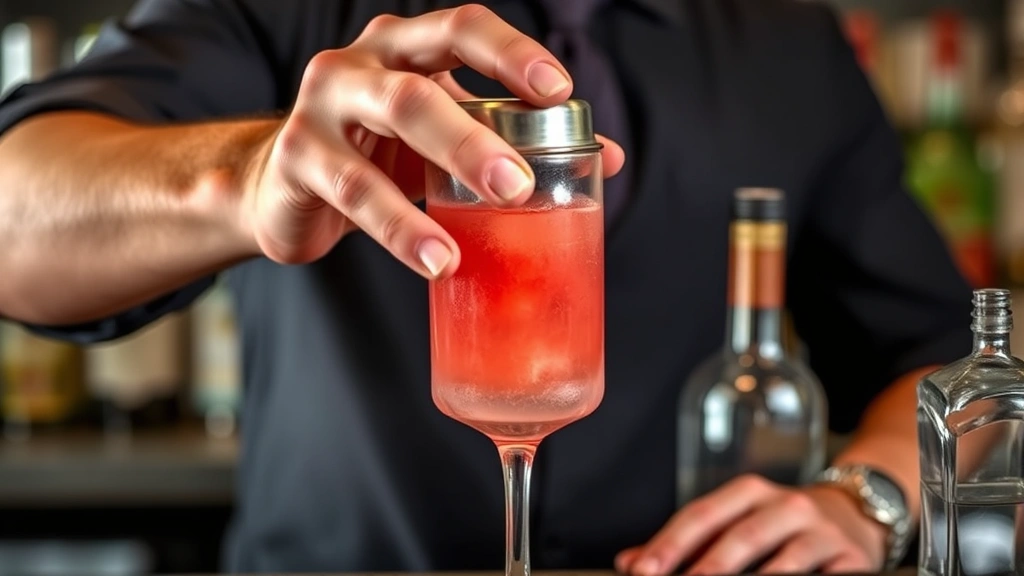 Bartender's hands shaking a cocktail shaker with watermelon margarita ingredients, ice visible inside shaker, professional bar setting with bottles blurred in background, action shot showing technique