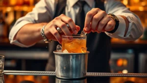 Professional bartender shaking cocktail vigorously in metal tin over bar counter, ice splashing, warm amber lighting, close-up of concentrated technique and hand positioning
