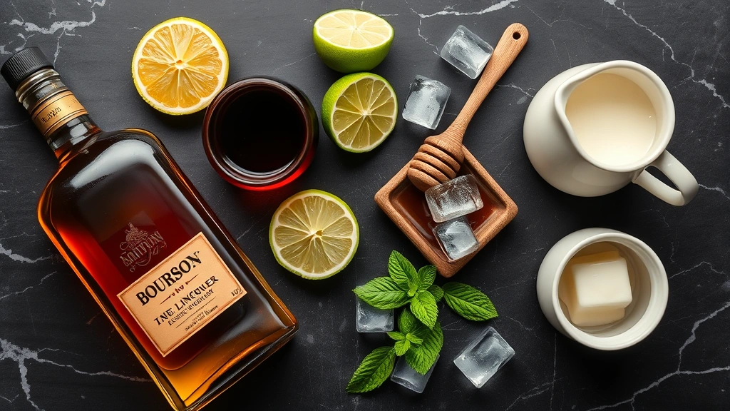 Overhead flat lay of weakness potion ingredients arranged artfully: bourbon bottle, fresh lemon and lime halves, dark liqueur, honey jar, cream pitcher, fresh mint sprigs, ice cubes, on dark marble surface with professional lighting
