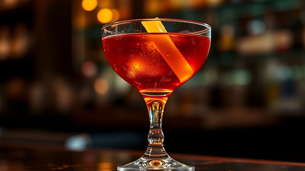 Finished weakness potion cocktail in crystal coupe glass with lemon twist garnish, deep amber color, condensation on glass, soft evening ambient lighting, elegant bar setting blurred in background