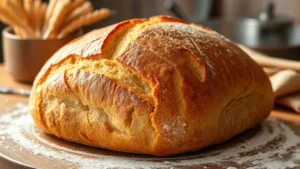 Golden-brown freshly baked whole wheat loaf with crispy scored crust, steam rising, rustic kitchen table setting with flour dusting