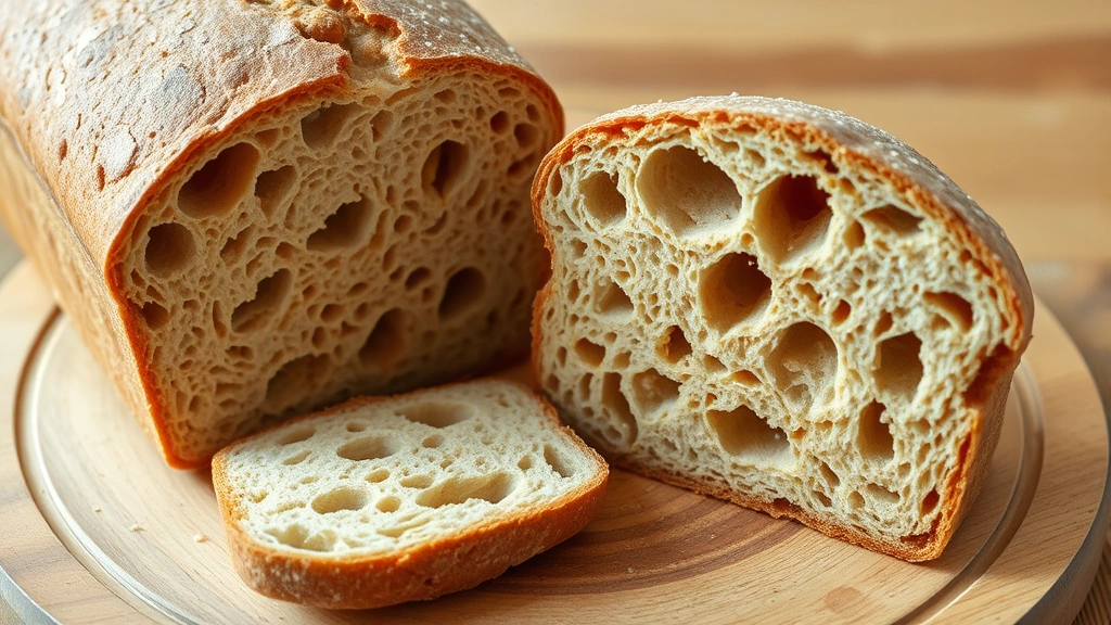 Finished wheat bread loaf cut in half displaying open crumb structure with irregular holes, golden interior, artisan presentation on wooden board