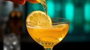 Close-up of freshly squeezed lemon juice pouring into a crystal coupe glass, golden liquid catching light, ice cubes visible in background, professional bar setting