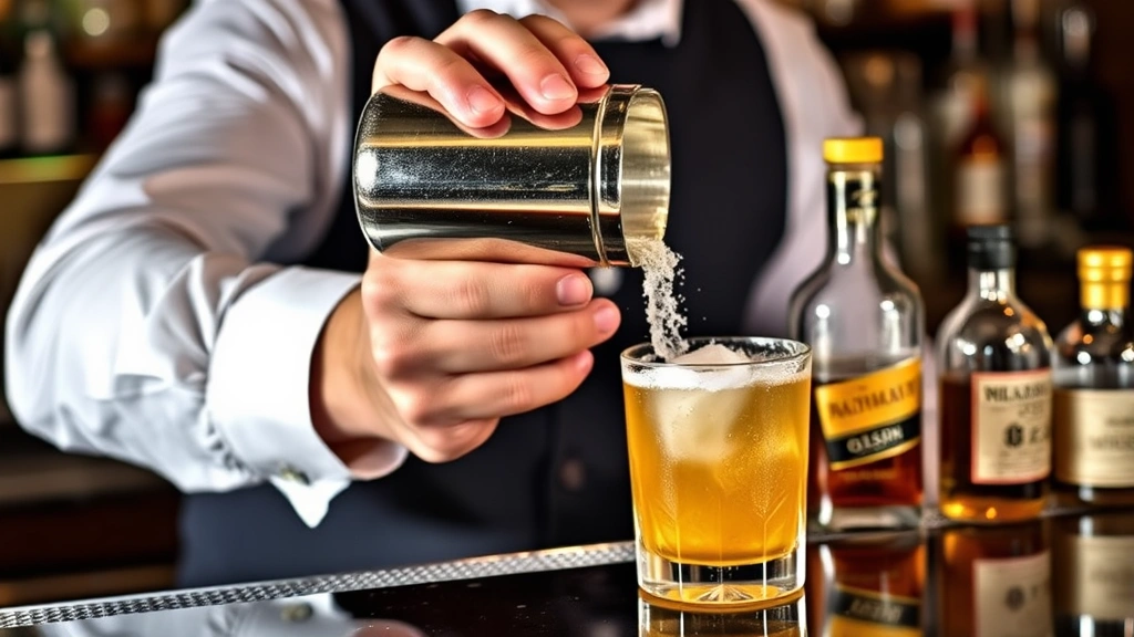 Bartender vigorously shaking a Boston cocktail shaker with frost forming on exterior, whiskey sour ingredients visible on polished bar counter, professional lighting highlighting technique
