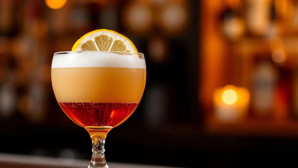 Perfectly crafted whiskey sour in coupe glass with silky foam cap and lemon wheel garnish, condensation on glass, warm bar lighting, golden-amber liquid visible, elegant presentation