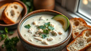 Creamy white chicken chili in a rustic ceramic bowl, garnished with fresh cilantro and avocado slices, warm crusty bread beside the bowl, soft natural lighting from window
