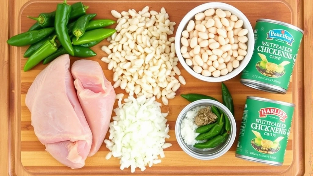 Overhead shot of ingredients for white chicken chili: raw chicken breasts, canned white beans, diced onions, minced garlic, and canned green chiles arranged on wooden cutting board