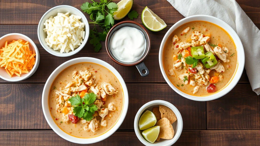 Finished white chicken chili served in white bowls with toppings bar including shredded cheese, sour cream, crispy tortilla strips, and lime wedges on rustic wooden table