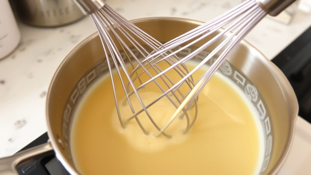 Warm milk being whisked into a blonde roux in a saucepan, creating smooth creamy texture, action shot showing whisking motion and emulsion forming, kitchen counter background