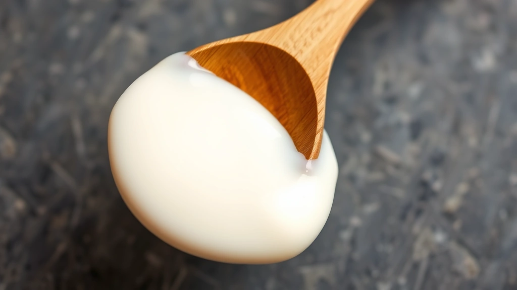 Finished creamy white sauce coating the back of a wooden spoon, silky smooth consistency visible, natural light showing the rich cream color, professional food styling