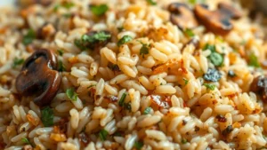 Close-up of fluffy cooked wild rice pilaf with golden sautéed mushrooms and herbs, steam rising from the warm grains in soft natural light