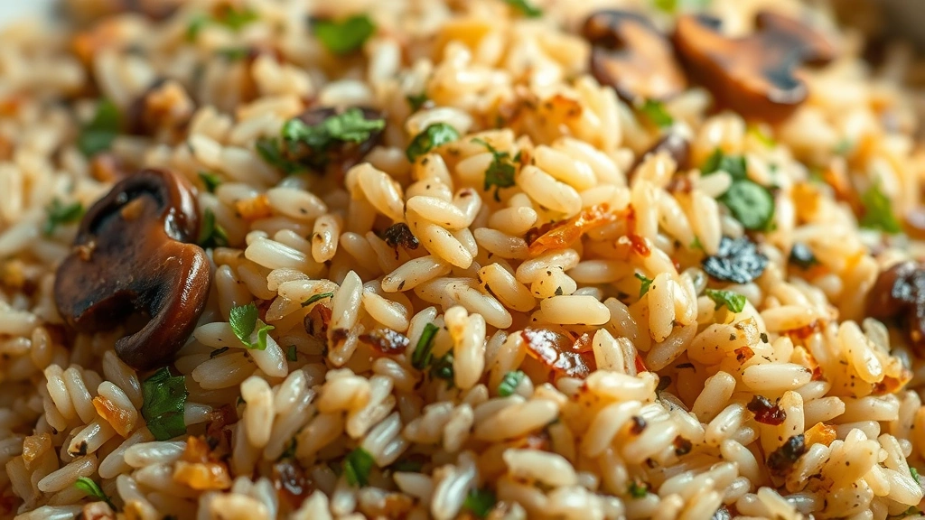 Close-up of fluffy cooked wild rice pilaf with golden sautéed mushrooms and herbs, steam rising from the warm grains in soft natural light