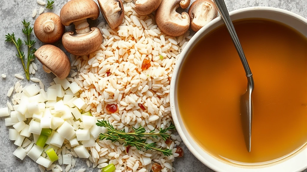 Overhead shot of ingredients arranged artfully: uncooked wild rice, fresh mushrooms, diced onions and celery, fresh thyme sprigs, and warm broth in a bowl