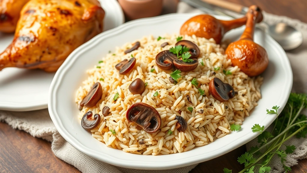 Finished wild rice pilaf plated on an elegant white ceramic dish, garnished with fresh parsley and wild mushrooms, ready for serving alongside roasted chicken