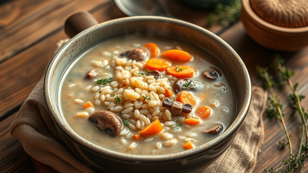 Steaming bowl of creamy wild rice soup with visible mushrooms, carrots, and tender grains, garnished with fresh thyme and parsley, rustic wooden table background, warm golden lighting, comfort food photography
