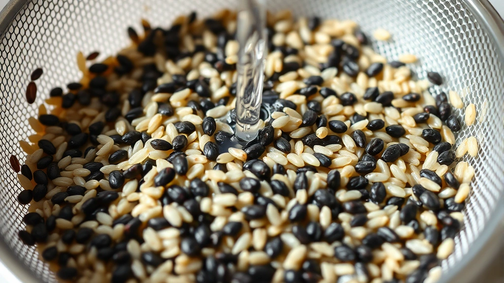 Close-up of wild rice grains being rinsed under running water in a fine-mesh strainer, showing the distinctive dark kernels, natural daylight, kitchen preparation scene, food styling