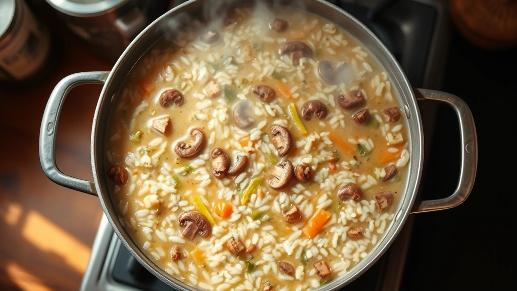 Overhead shot of large pot of finished wild rice soup simmering on stovetop, creamy broth visible with mushrooms and vegetables distributed throughout, steam rising, cozy kitchen ambiance, warm natural lighting
