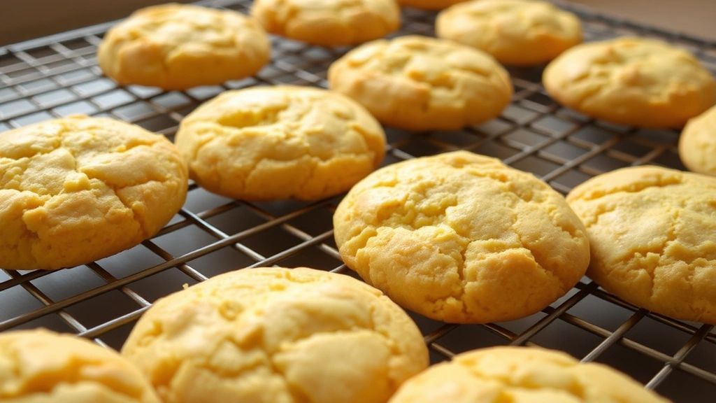 Golden-brown yellow cake mix cookies cooling on a wire rack, soft and tender texture visible, warm lighting highlighting the cake-like crumb structure