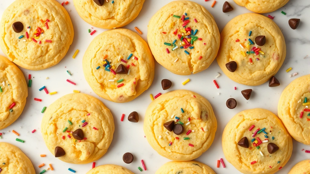 Overhead shot of colorful yellow cake mix cookies with rainbow sprinkles and chocolate chips scattered on a marble surface, fresh from the oven with steam rising