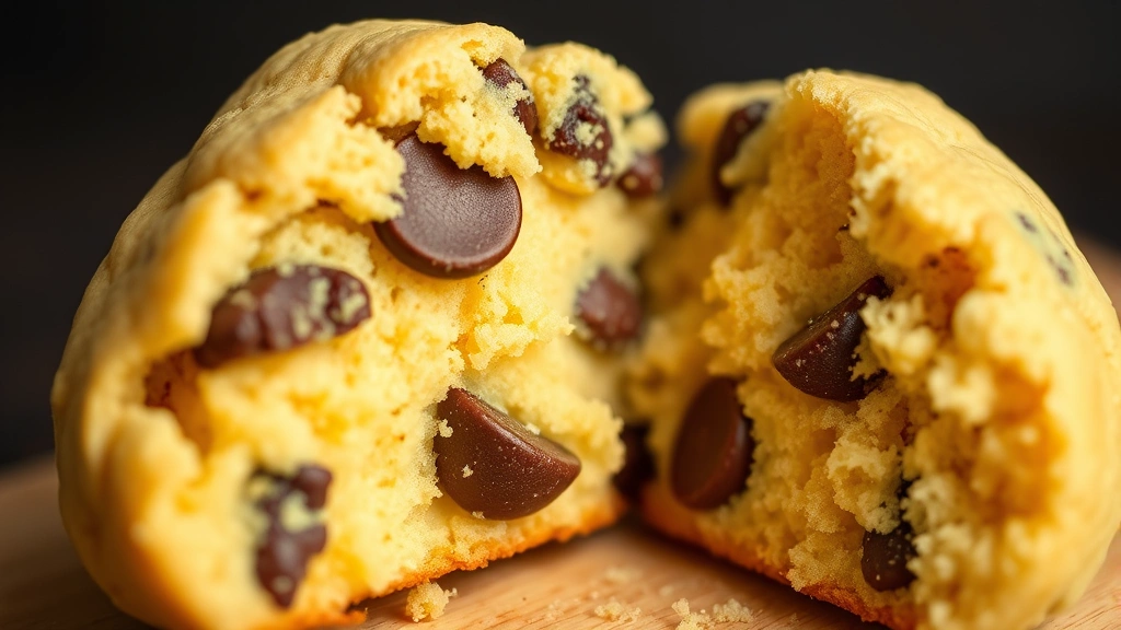 Close-up of a freshly baked yellow cake mix cookie broken in half showing the soft, moist interior crumb, with chocolate chips visible inside