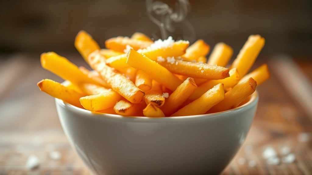 Golden-brown crispy yukon gold fries in a white ceramic bowl with sea salt sprinkled on top, fresh steam rising, shallow depth of field, professional food photography lighting