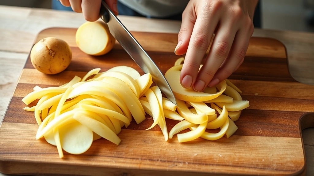 Hands using a sharp knife to cut yukon gold potatoes into uniform thin strips on a wooden cutting board, natural daylight, showing precision cutting technique