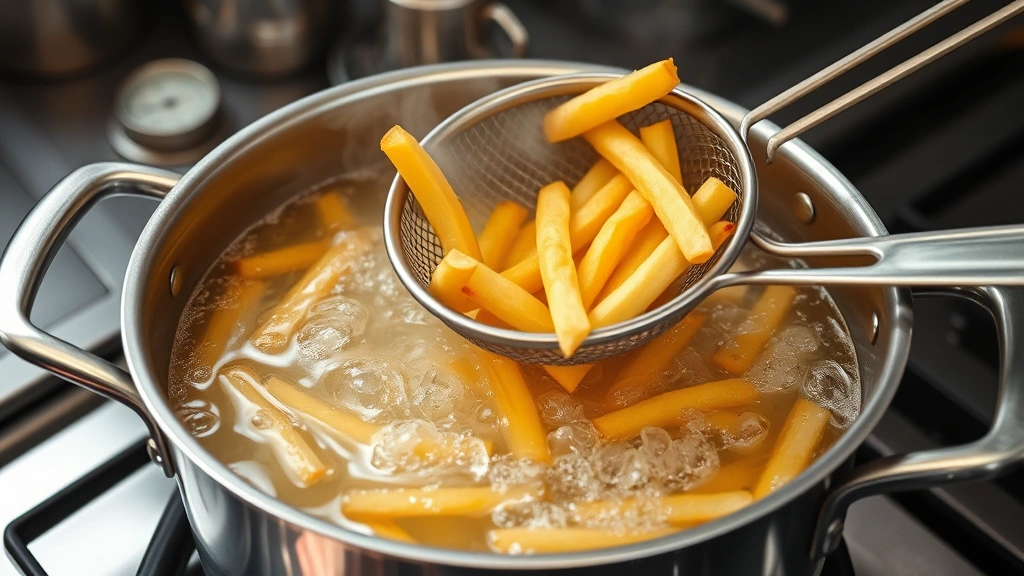 Deep pot of bubbling hot oil with golden fries being carefully added using a metal spider strainer, thermometer visible showing temperature, professional kitchen setting