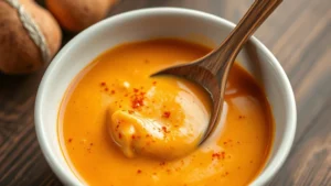 Creamy yum yum sauce in white ceramic bowl with wooden spoon, soft lighting, garnished with paprika sprinkle, professional food photography