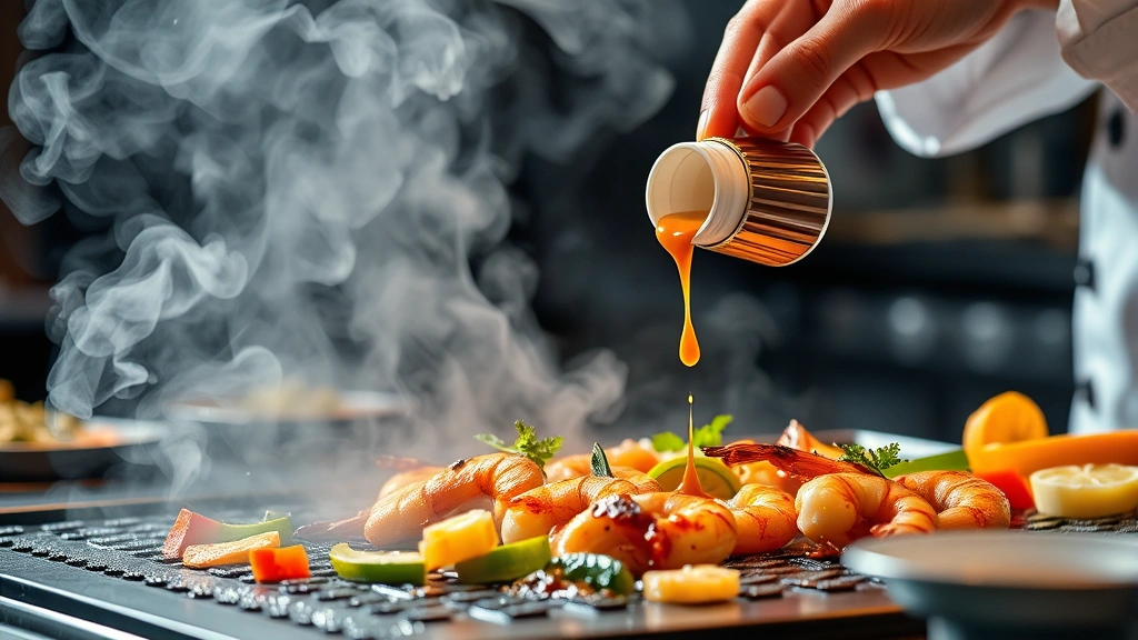 Japanese teppanyaki chef drizzling yum yum sauce over grilled shrimp and vegetables on hot griddle, steam rising, vibrant colors