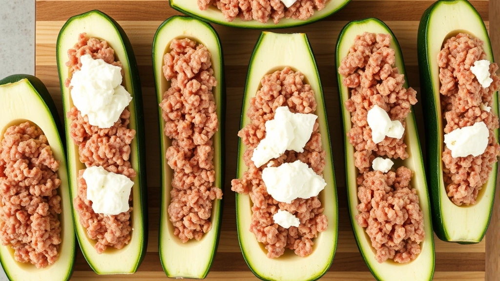 Overhead view of raw zucchini halves scooped and filled with raw ground meat and ricotta mixture before baking