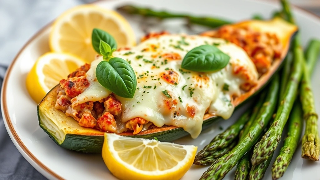 Plated stuffed zucchini boat with fresh basil garnish, golden melted mozzarella cheese, surrounded by roasted asparagus and lemon wedge