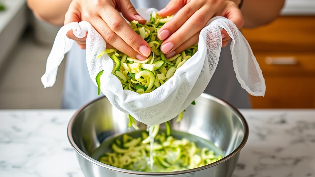 Hands squeezing grated zucchini in white cheesecloth over stainless steel bowl, water dripping into bowl below, bright kitchen counter background, demonstrating moisture removal technique
