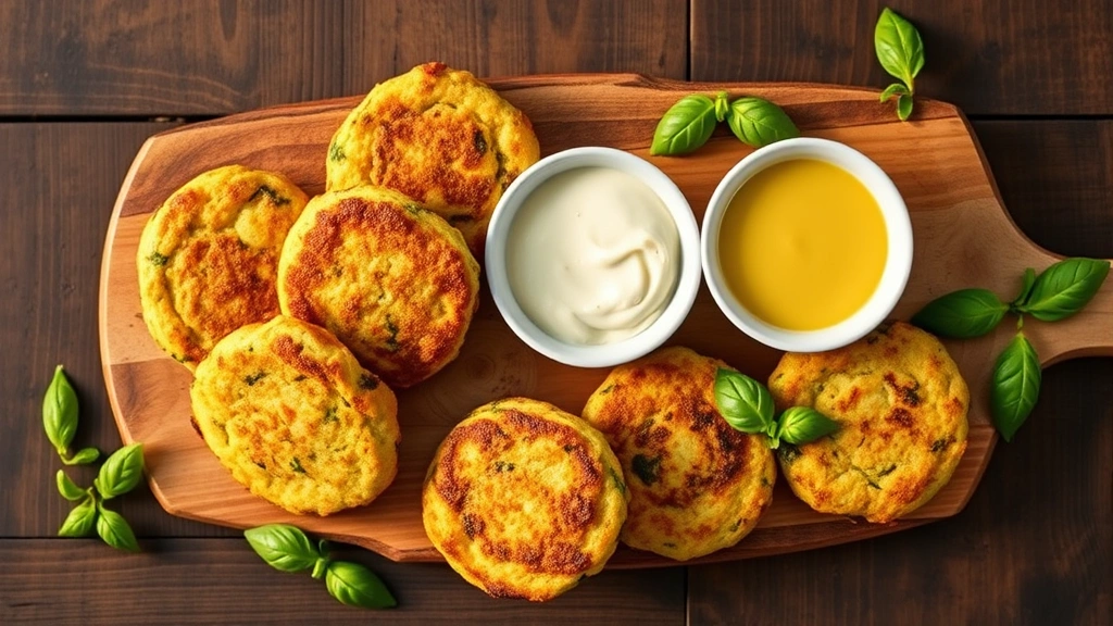Overhead flat lay of finished zucchini fritters arranged on rustic wooden board with three different dipping sauces in small white bowls, fresh basil leaves scattered around, warm golden hour lighting